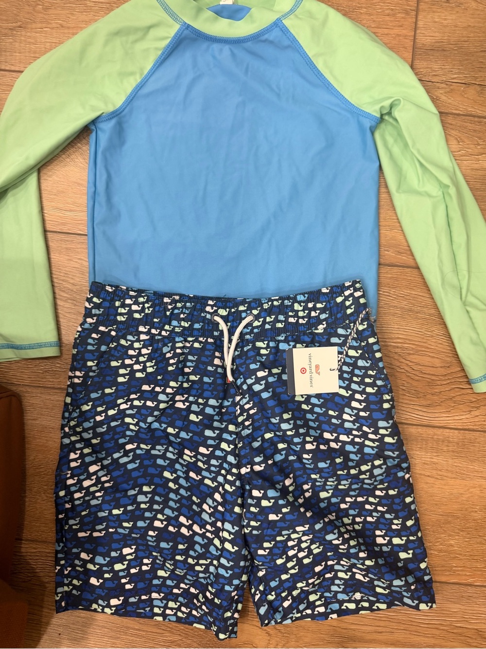 Vineyard Vines Navy Swim Shorts with Blue and Lime Whale Print 0209